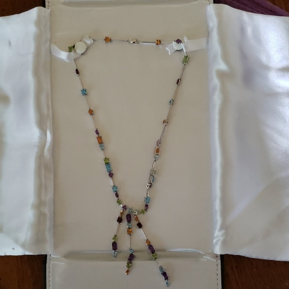 14k white gold Colorful Multi gem dangle necklace
